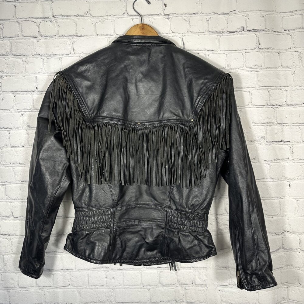 Vintage Wilsons Leather Jacket Womens Medium Black Fringe Western Cropped Biker - Picture 10 of 11